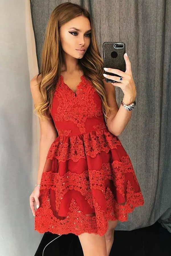 A-Line V-Neck Short Red Tulle Homecoming Dress with Appliques Beading PD082