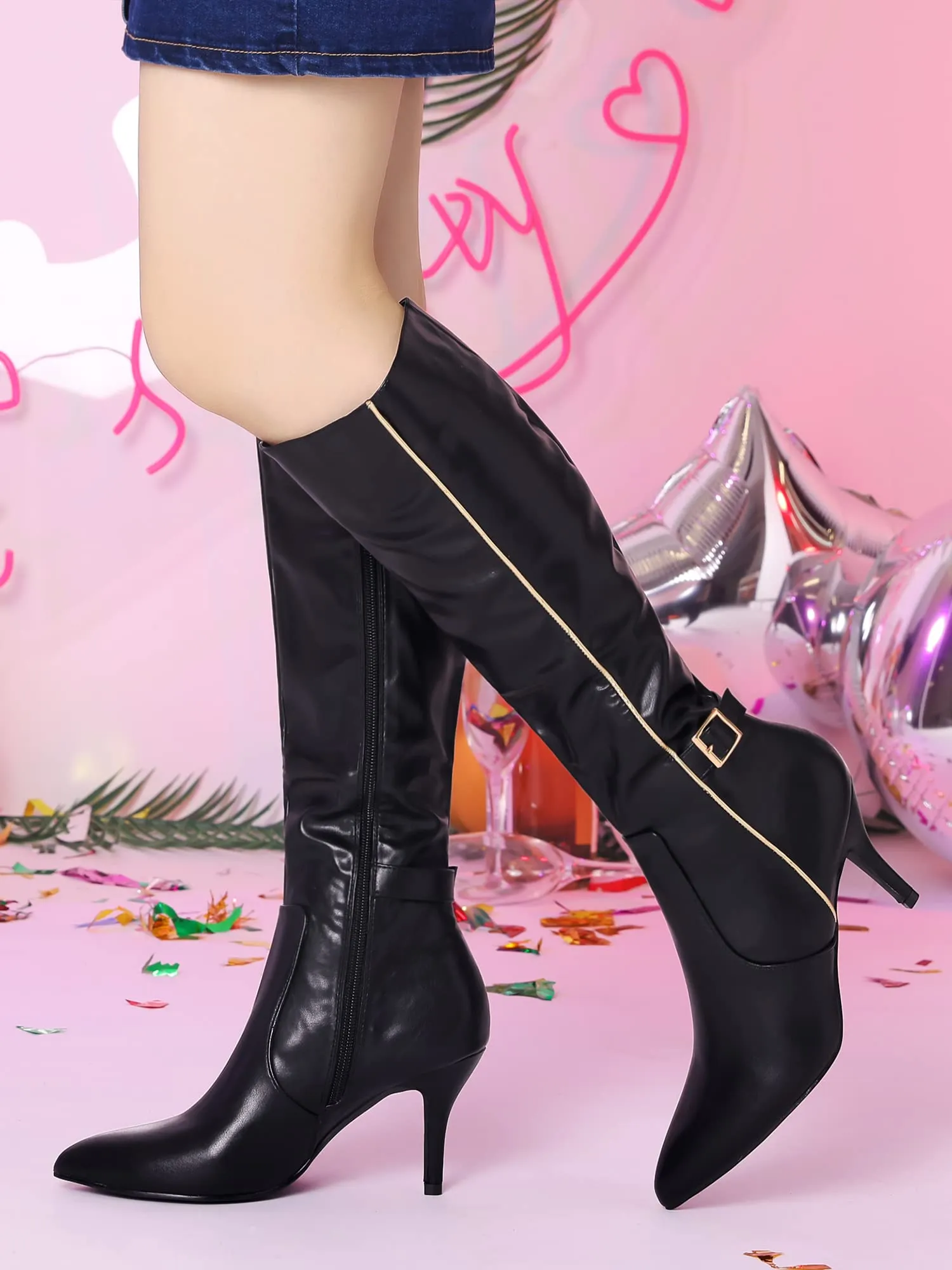 Black Sleek Gold Zipper Knee High Boots