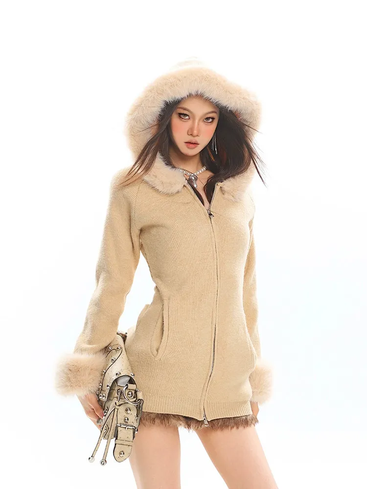 Faux Fur Trim Hooded Zip-Up Knit Jacket