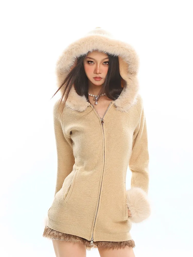 Faux Fur Trim Hooded Zip-Up Knit Jacket
