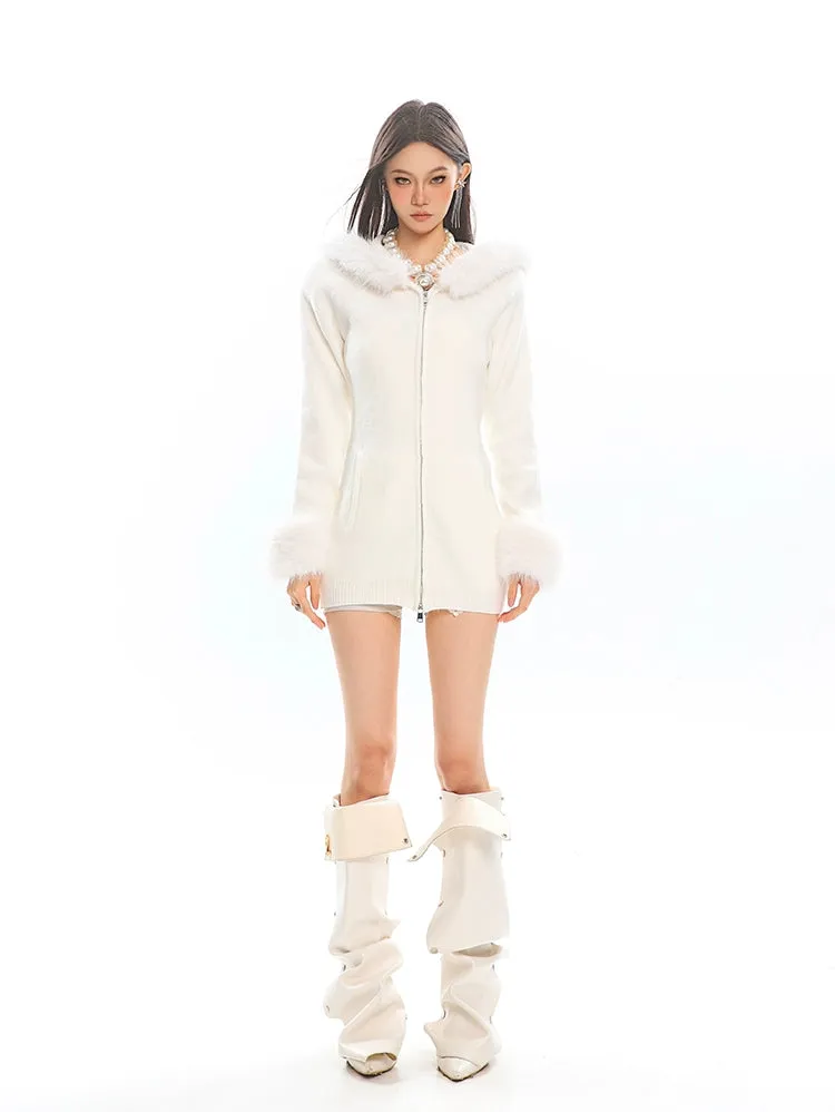Faux Fur Trim Hooded Zip-Up Knit Jacket
