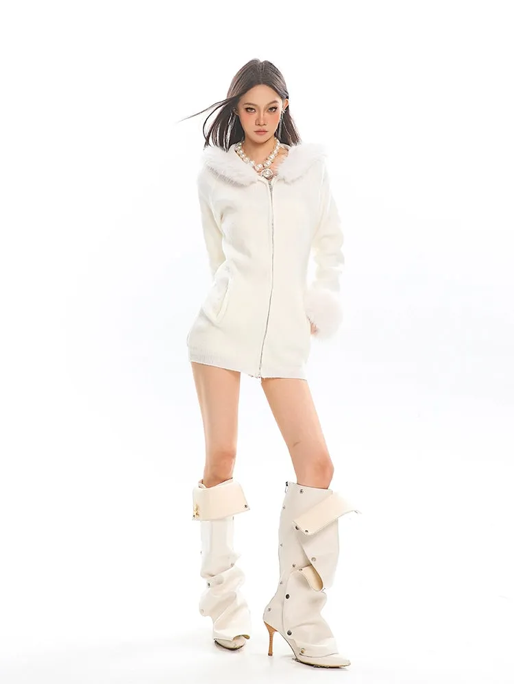 Faux Fur Trim Hooded Zip-Up Knit Jacket