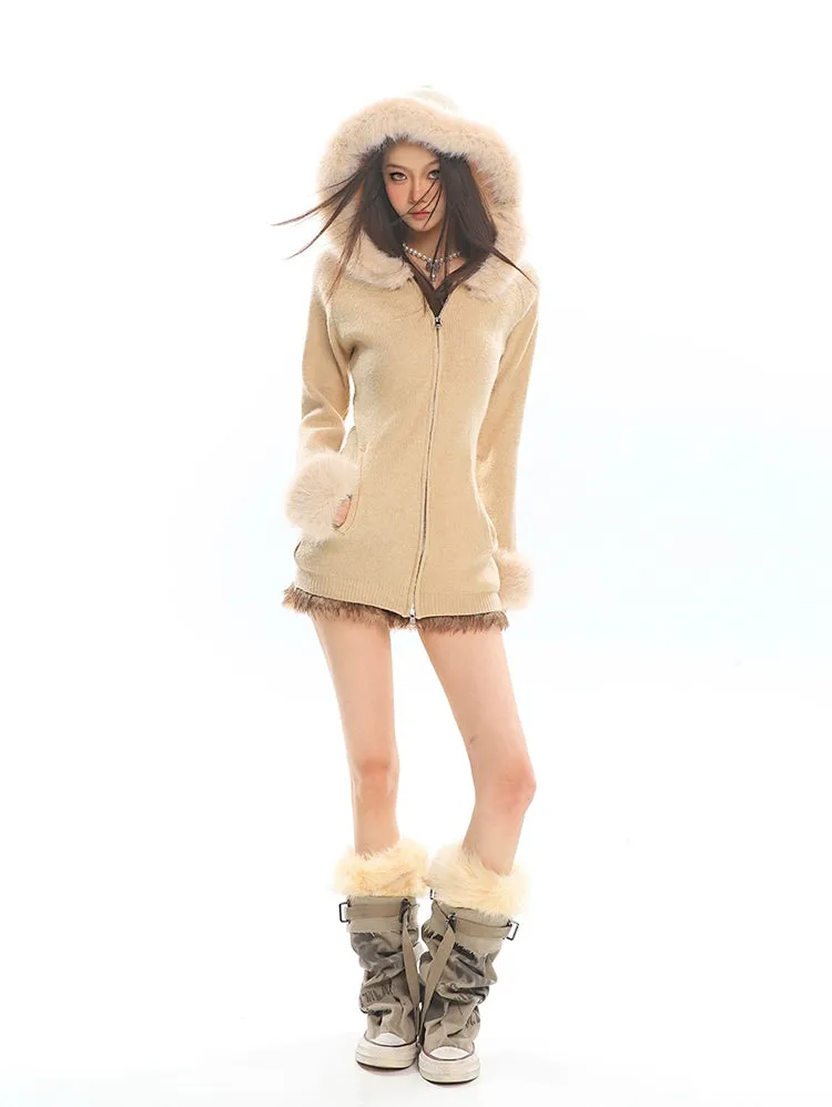 Faux Fur Trim Hooded Zip-Up Knit Jacket
