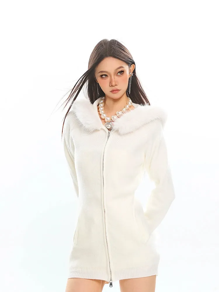 Faux Fur Trim Hooded Zip-Up Knit Jacket