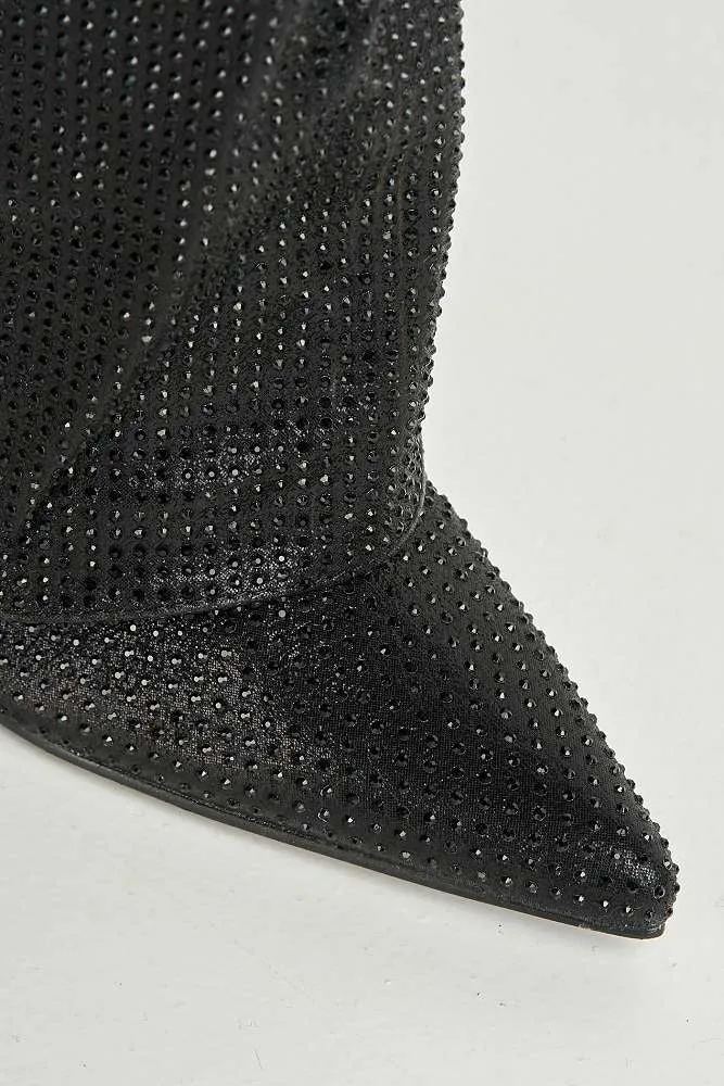 Isadora Pointed Toe Diamante Encrusted Knee High Boots in Black