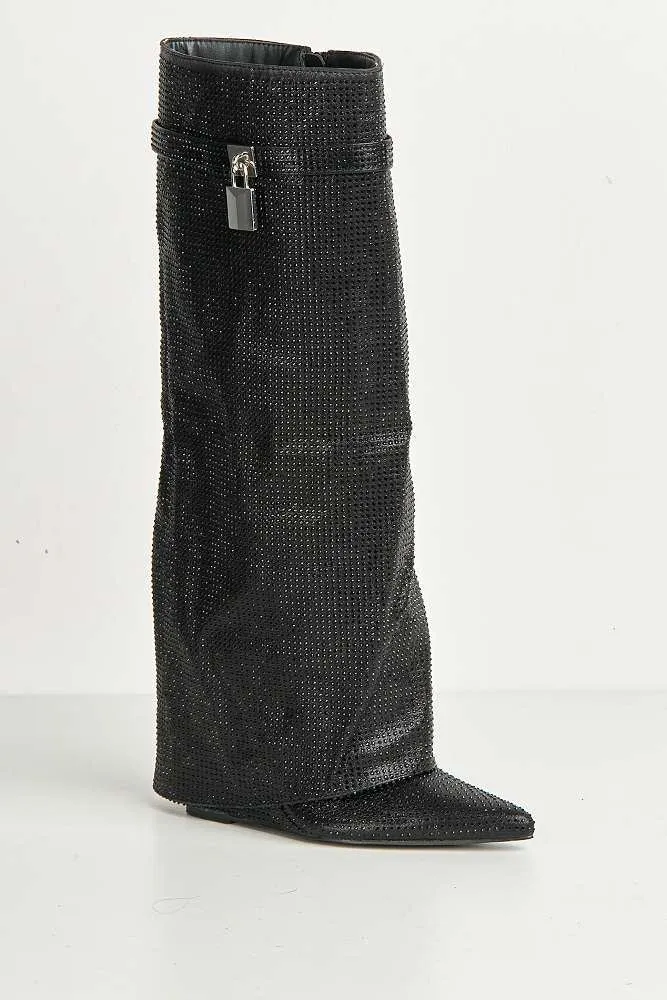 Isadora Pointed Toe Diamante Encrusted Knee High Boots in Black