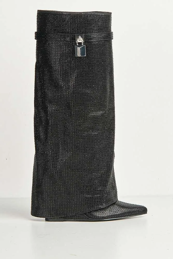 Isadora Pointed Toe Diamante Encrusted Knee High Boots in Black