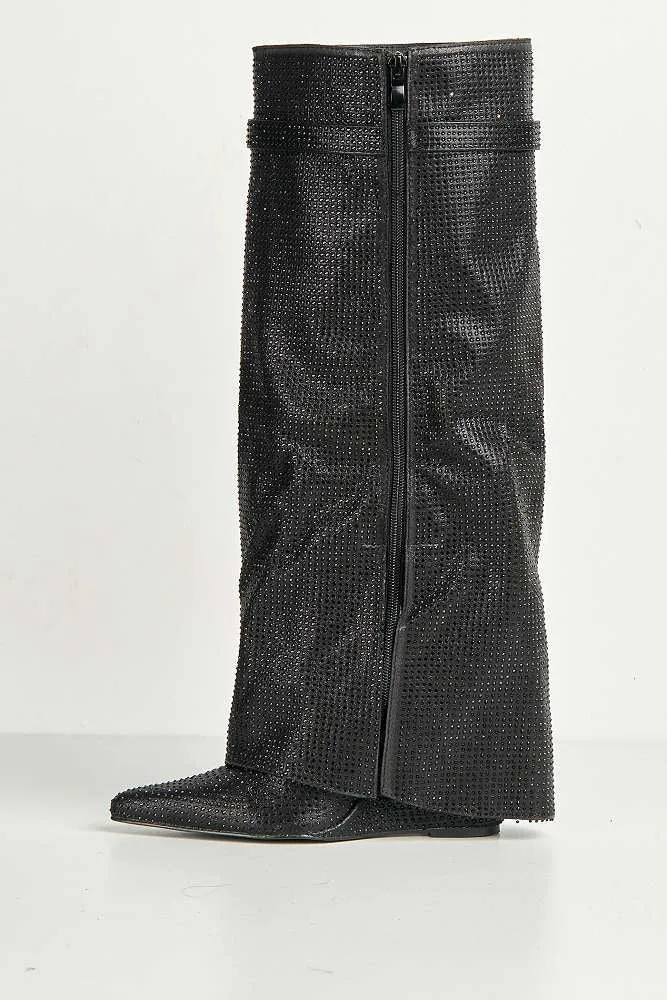 Isadora Pointed Toe Diamante Encrusted Knee High Boots in Black