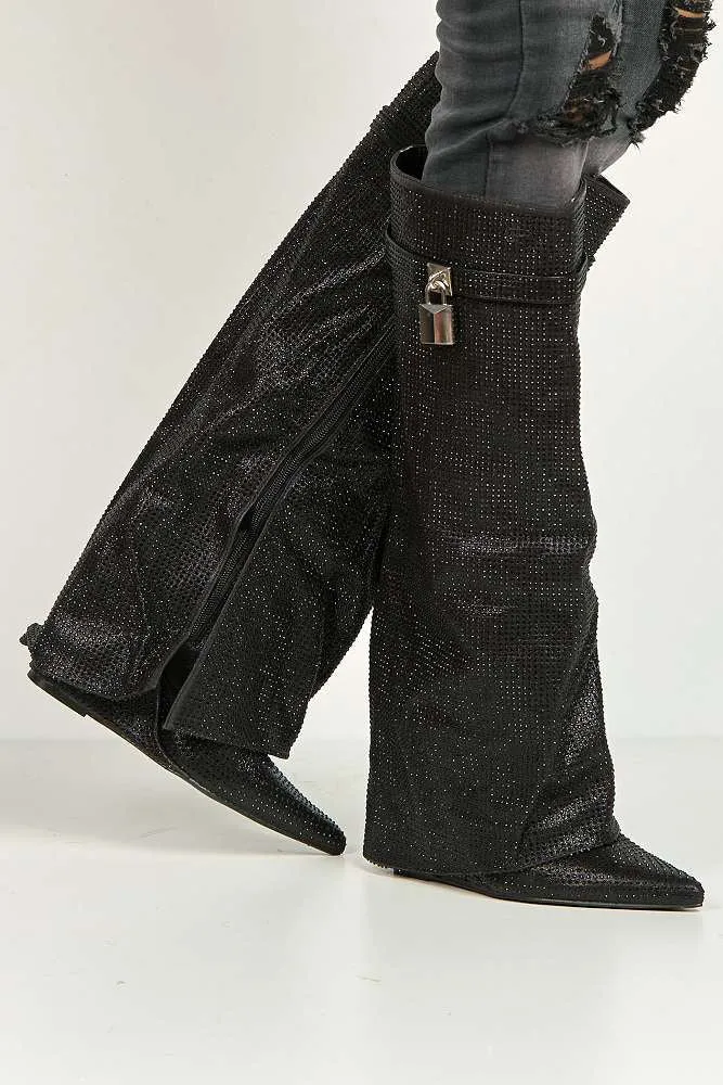 Isadora Pointed Toe Diamante Encrusted Knee High Boots in Black
