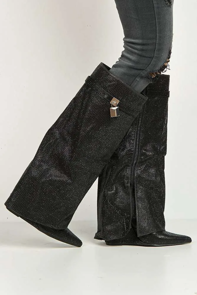 Isadora Pointed Toe Diamante Encrusted Knee High Boots in Black