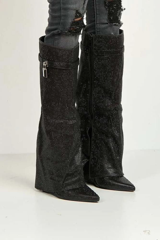 Isadora Pointed Toe Diamante Encrusted Knee High Boots in Black