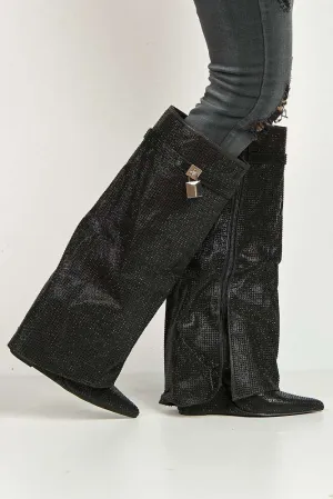 Isadora Pointed Toe Diamante Encrusted Knee High Boots in Black