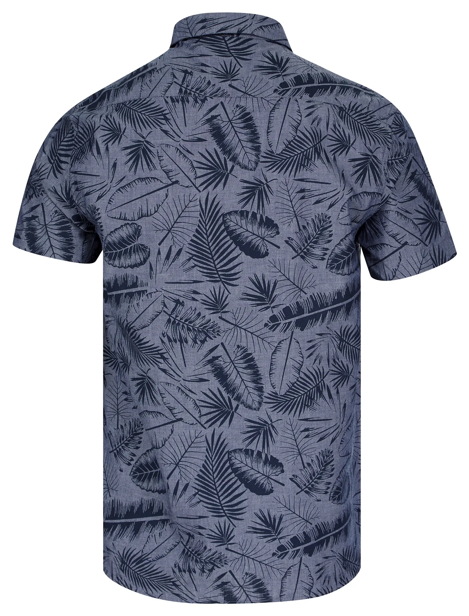 Kaveri Palm Leaf Print Short Sleeve Cotton Chambray Shirt in Mid Blue - Tokyo Laundry