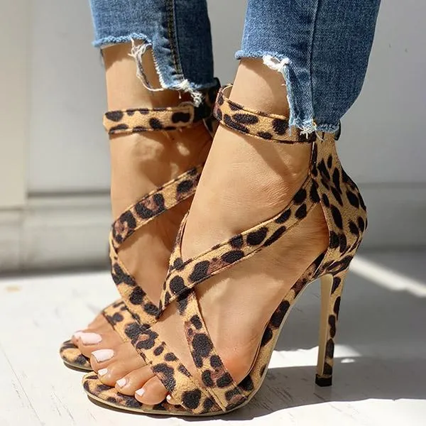 Leopard Faux Suede Crisscross Zipper Back Thin Heels