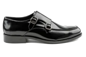 Men's Classic Fashion Black Monk Strap Shoes, Top Grain Leather Double Buckle Monk Strap Shoes, Glossy Finish & Leather Outsole Edi by Debbano