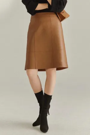 Real Leather High-Waist Knee-Length A-Line Midi Skirt