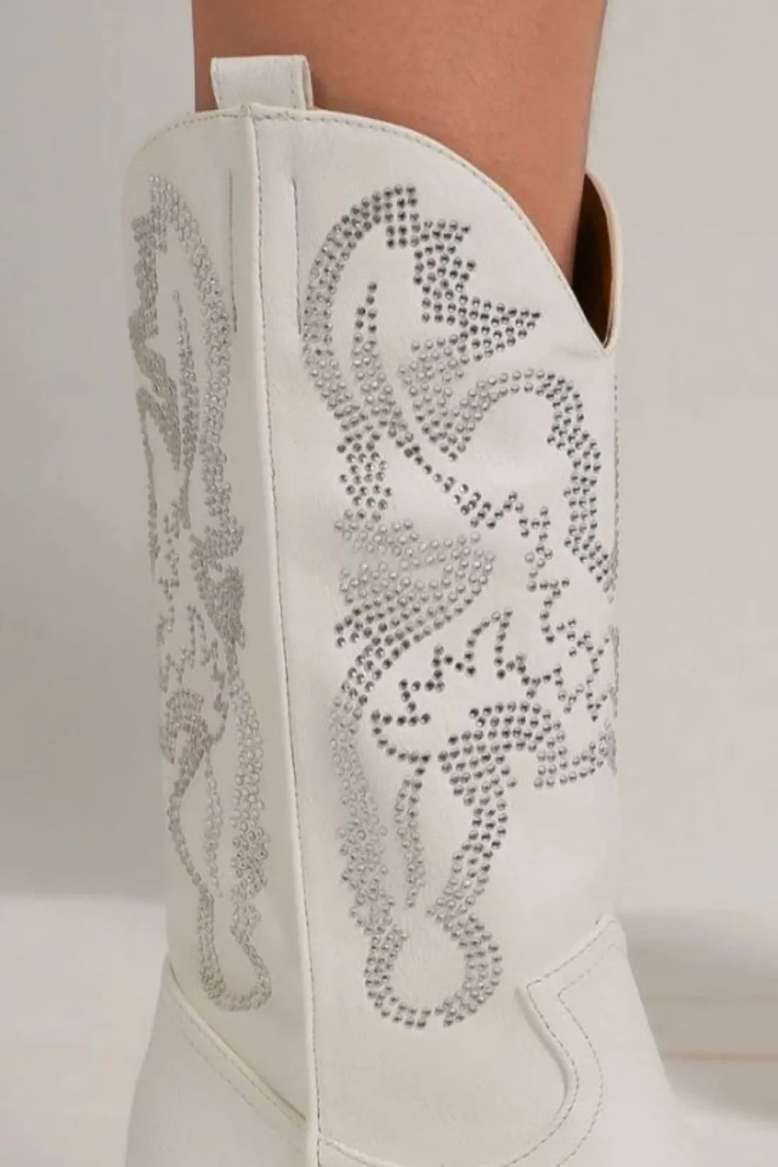 Rhinestone Detail Point Toe Boots in White