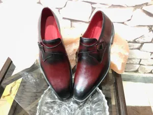 Stylish Handmade Men's Burgundy Leather Monk Strap Shoes, Men Dress Formal Fashion Shoes