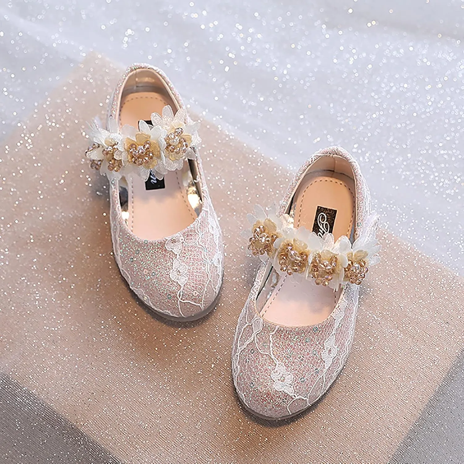 Toddler Girls Dress Shoes Glitter Shoe Flower Mary Jane Low Heels Party Wedding Prom Footwear for Kids