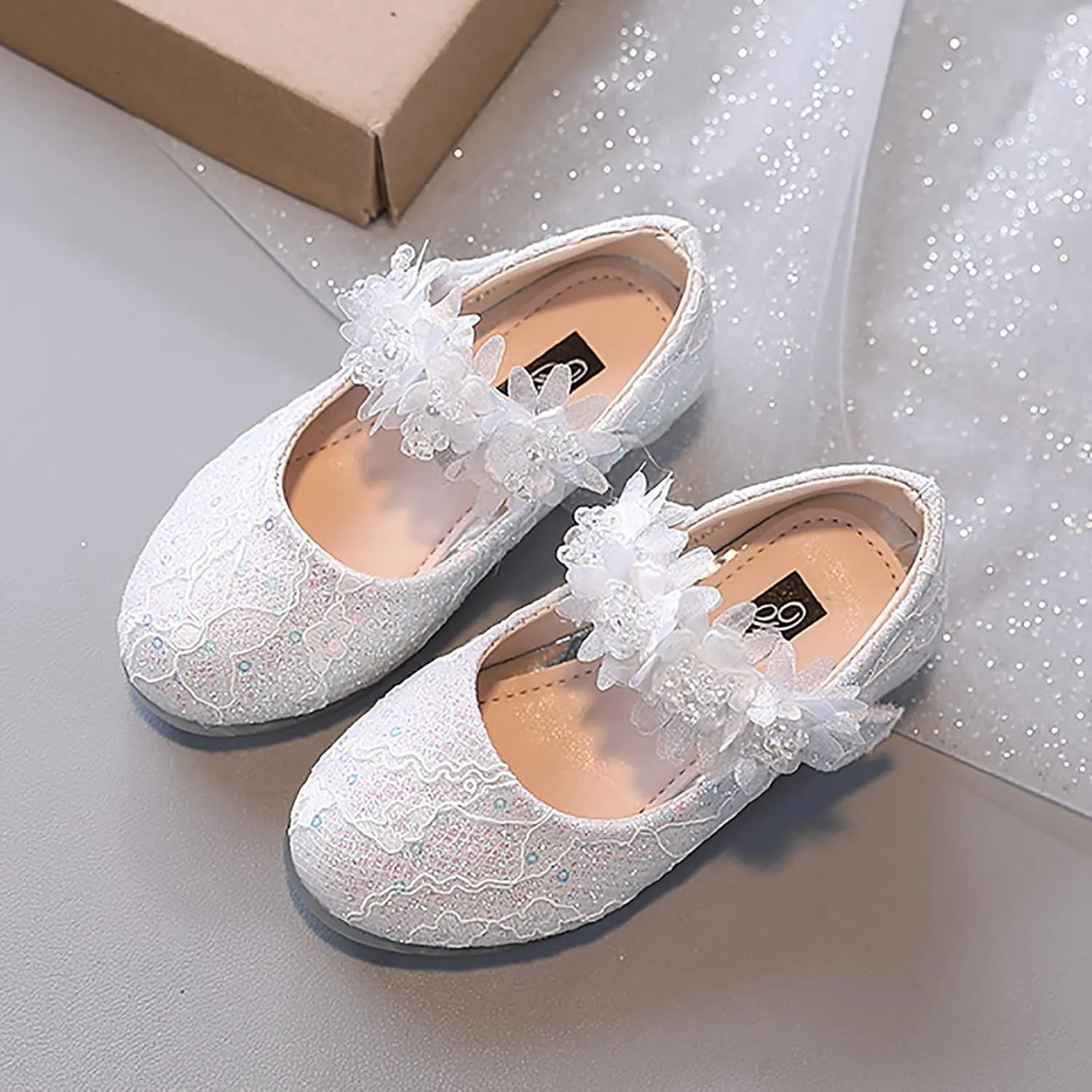 Toddler Girls Dress Shoes Glitter Shoe Flower Mary Jane Low Heels Party Wedding Prom Footwear for Kids