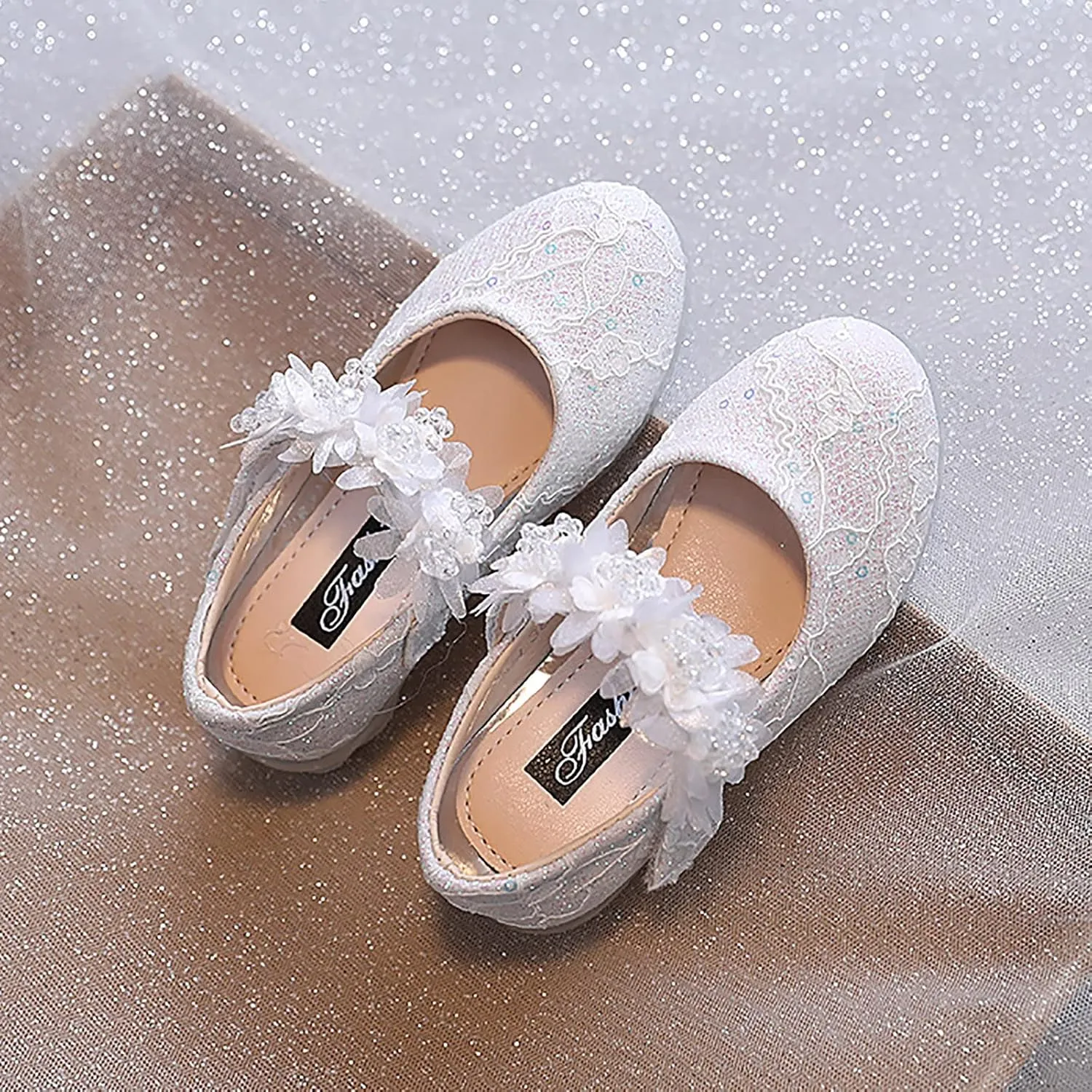 Toddler Girls Dress Shoes Glitter Shoe Flower Mary Jane Low Heels Party Wedding Prom Footwear for Kids