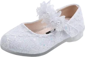 Toddler Girls Dress Shoes Glitter Shoe Flower Mary Jane Low Heels Party Wedding Prom Footwear for Kids