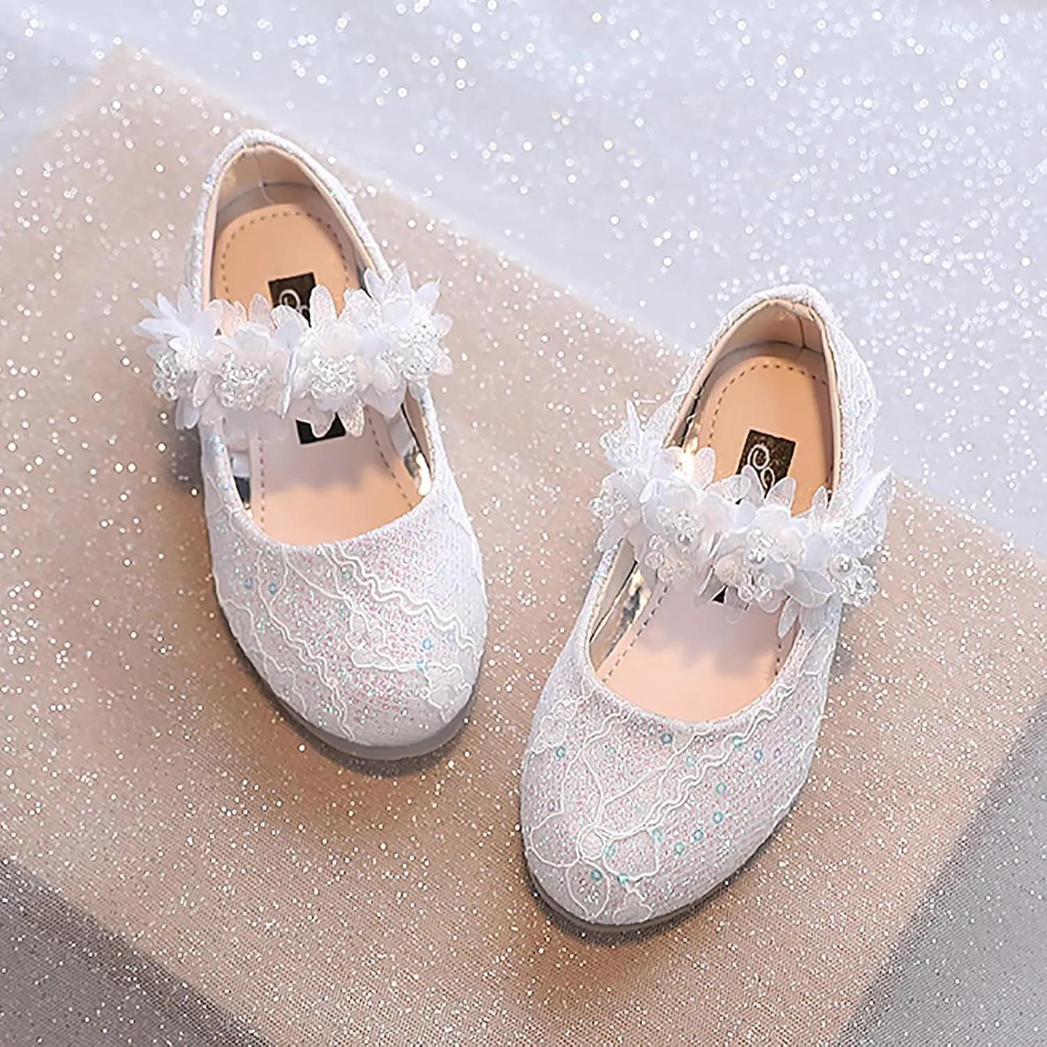 Toddler Girls Dress Shoes Glitter Shoe Flower Mary Jane Low Heels Party Wedding Prom Footwear for Kids