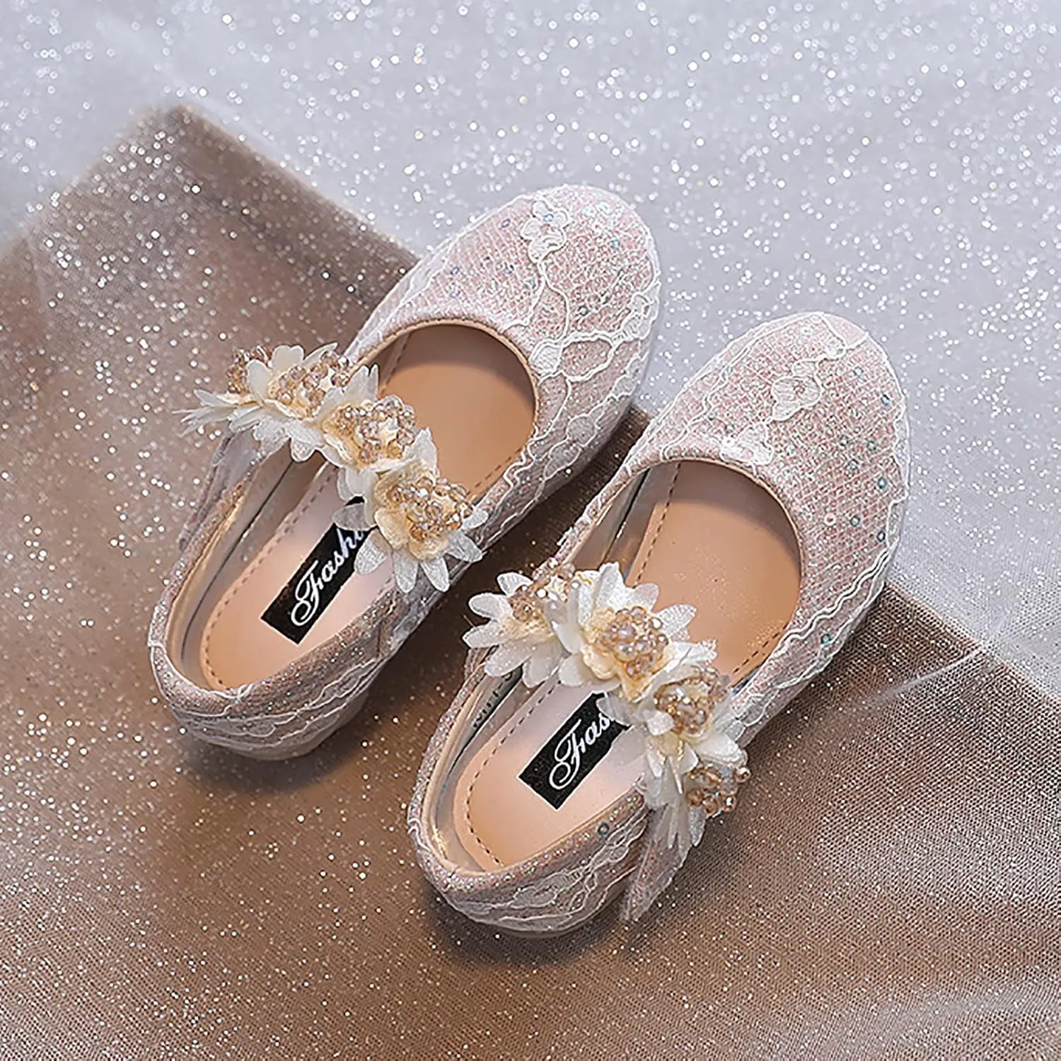 Toddler Girls Dress Shoes Glitter Shoe Flower Mary Jane Low Heels Party Wedding Prom Footwear for Kids