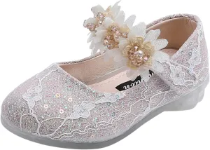 Toddler Girls Dress Shoes Glitter Shoe Flower Mary Jane Low Heels Party Wedding Prom Footwear for Kids