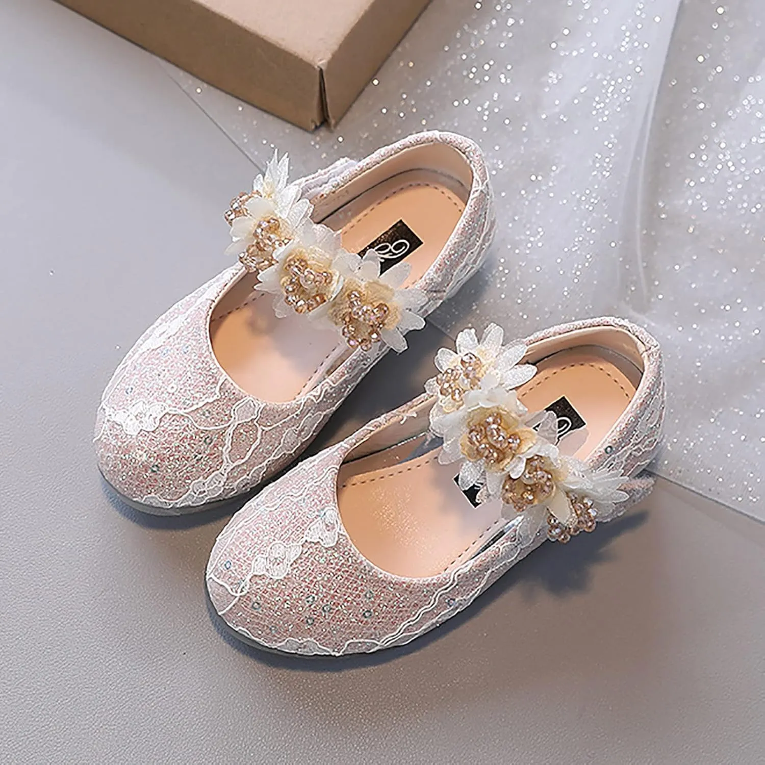 Toddler Girls Dress Shoes Glitter Shoe Flower Mary Jane Low Heels Party Wedding Prom Footwear for Kids