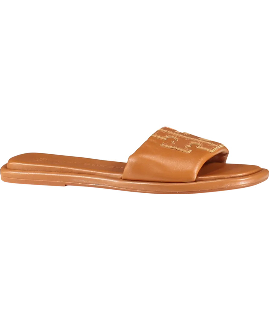 Tory Burch Brown Tan Leather Padded Logo Double T Sport Slide Sandals Us8 UK 5.5 EU 38.5 