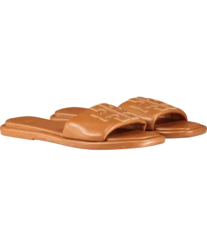 Tory Burch Brown Tan Leather Padded Logo Double T Sport Slide Sandals Us8 UK 5.5 EU 38.5 