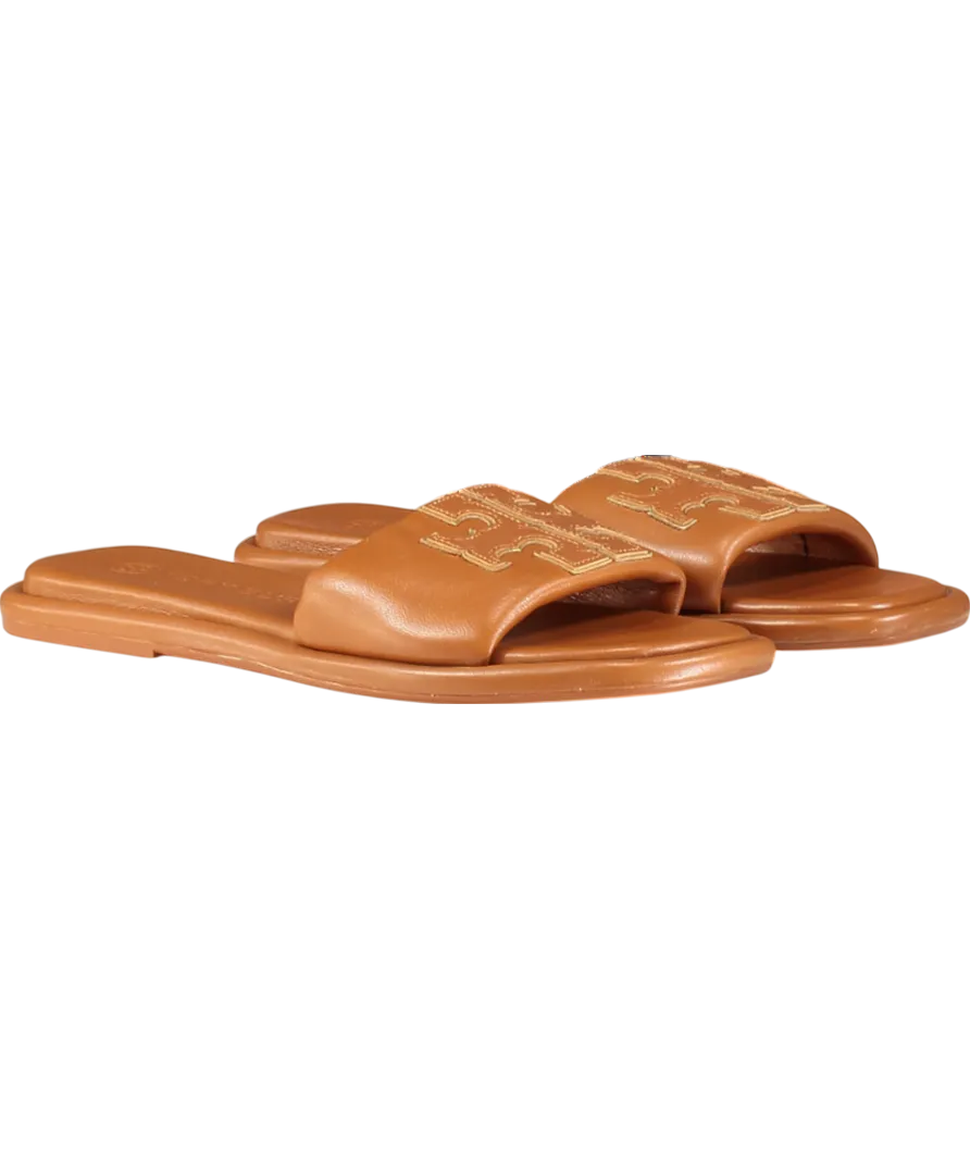 Tory Burch Brown Tan Leather Padded Logo Double T Sport Slide Sandals Us8 UK 5.5 EU 38.5 