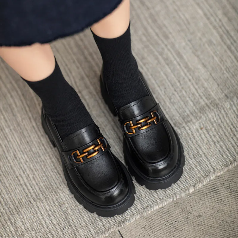 Women Retro Chain Leather Chunky Platform Loafers