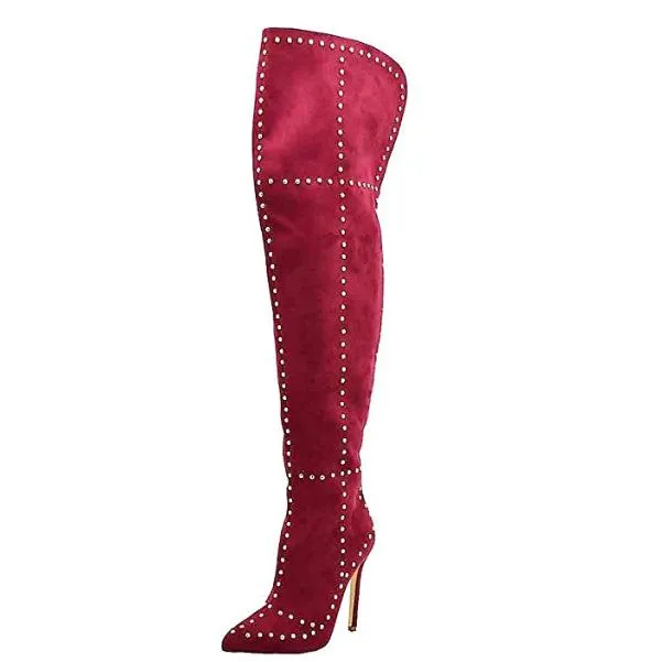 Women's Hot Red Faux Suede Studded Thigh High Boots